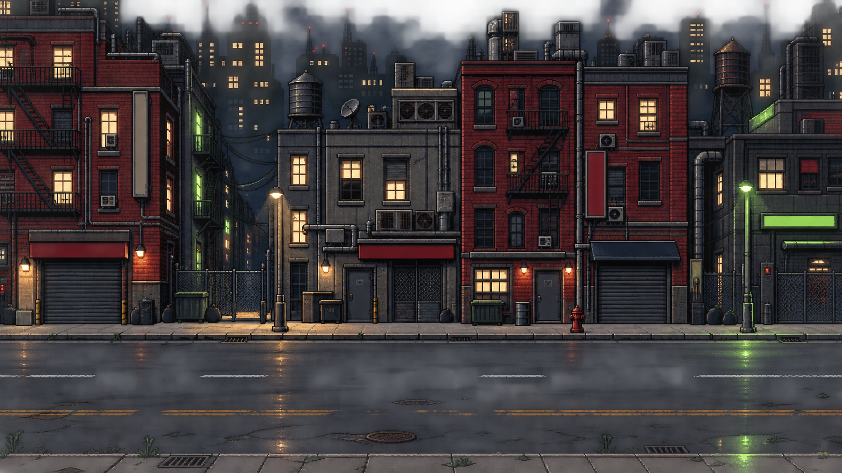 A pixel-art night street in Rebellion City